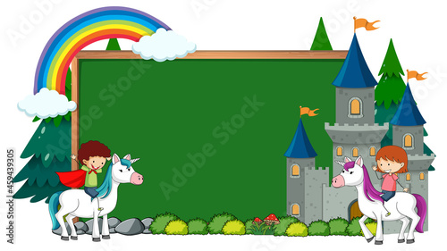 Empty chalkboard banner with fairy tale cartoon character and elements isolated