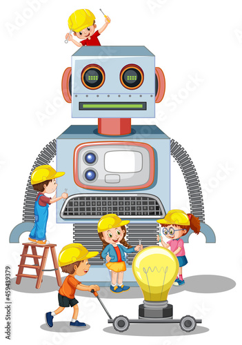 Children building robot together on white background