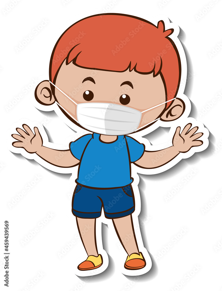 A sticker template with a boy wearing medical mask cartoon character