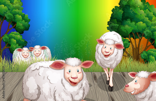 Many sheeps cartoon character on rainbow gradient background