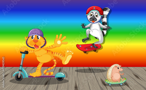 Funny animals doing different activities on rainbow gradient background