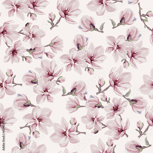 Seamless vector vintage floral pattern for gift wrap, fabric, cover and interior design with flowers. Magnolia flowers and leaves