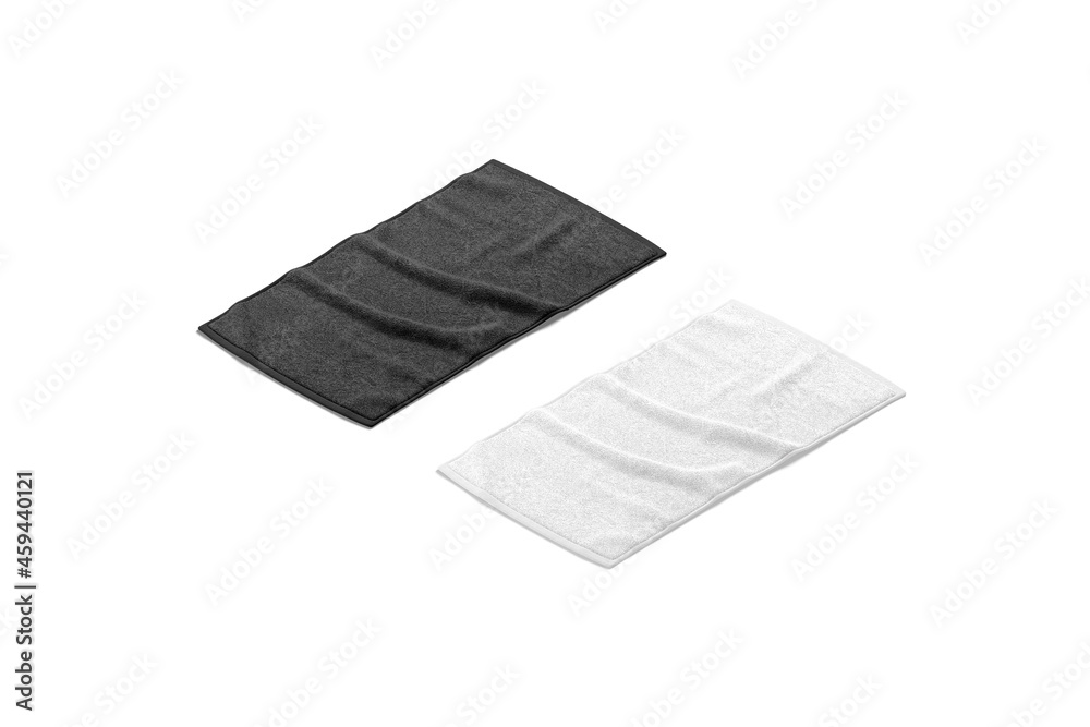 Naklejka premium Blaank black and white crumpled small towel mockup, side view