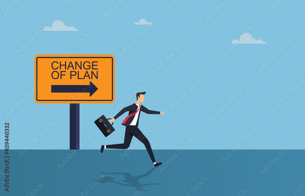 Changing of plans concept, businessman running toward new plan vector illustration Changing of plans concept, businessman running toward new plan vector illustration