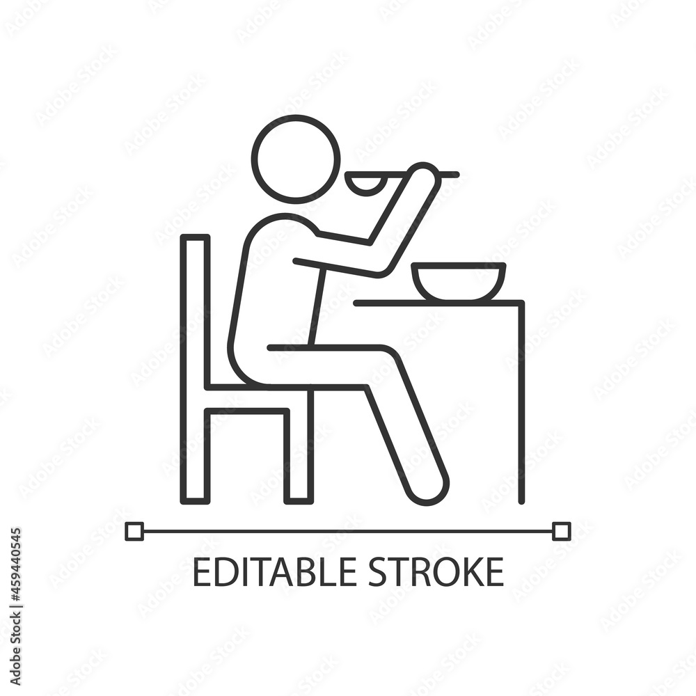 Eat linear icon. Man having dinner. Food preparation. Cooking at home. Healthy eating habits. Thin line customizable illustration. Contour symbol. Vector isolated outline drawing. Editable stroke Eat linear icon. Man having dinner. Food preparation. Cooking at home. Healthy eating habits. Thin line customizable illustration. Contour symbol. Vector isolated outline drawing. Editable stroke