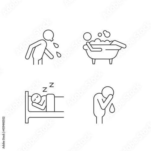 Human actions linear icons set. Crying man. Sleeping in bed. Lying in bubble bath. Day-to-day life. Customizable thin line contour symbols. Isolated vector outline illustrations. Editable stroke