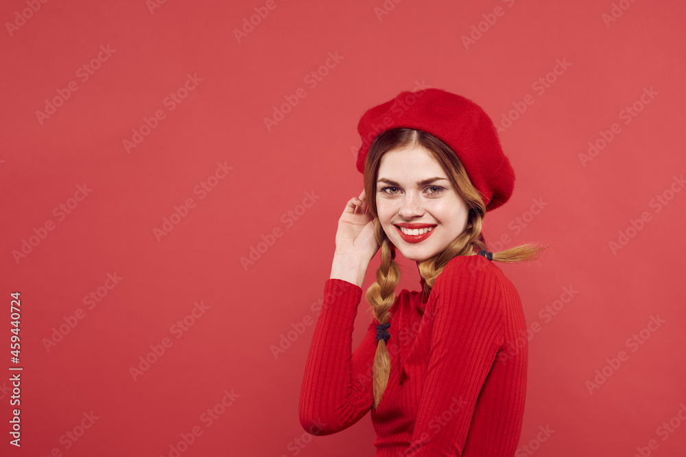 Fototapeta premium pretty woman with pigtails fun Red lips luxury studio posing