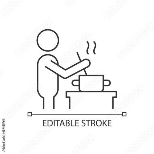 Cook linear icon. Person stirring soup in pan. Home-made food. Dinner preparation at home. Thin line customizable illustration. Contour symbol. Vector isolated outline drawing. Editable stroke