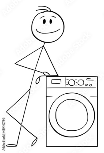 Person or Seller Leaning Towards or Showing Dryer, Vector Cartoon Stick Figure Illustration