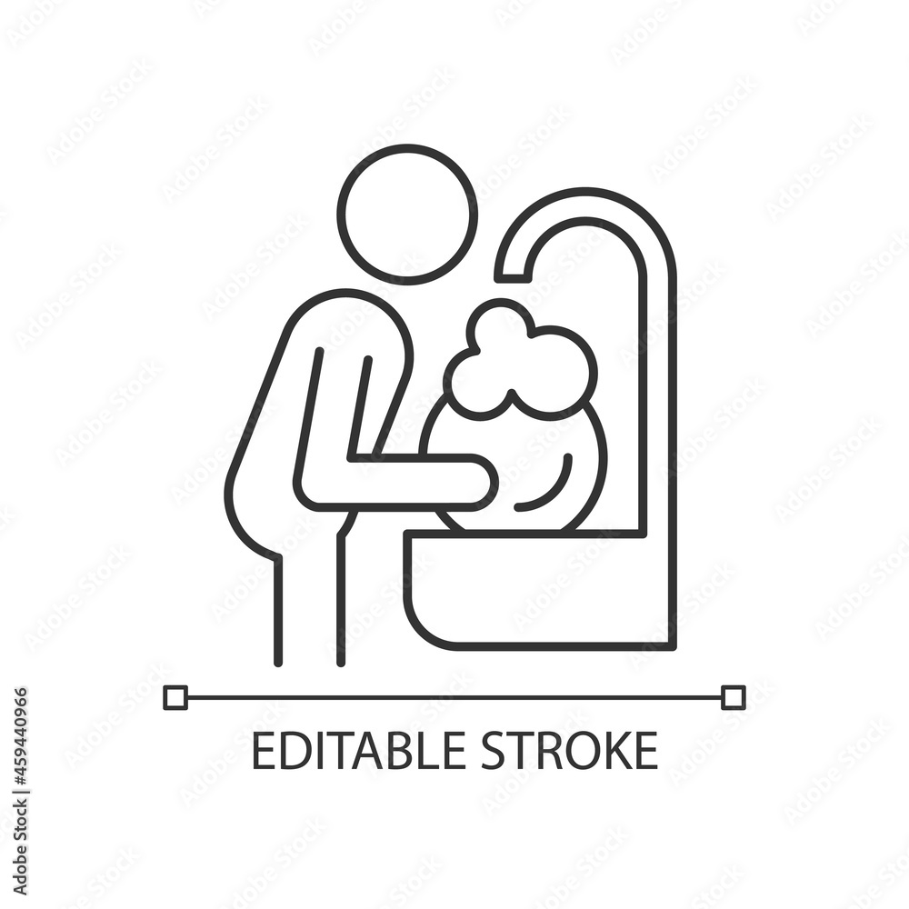 Wash dishes linear icon. Man washing dirty dishes in sink. Day-to-day routine. Thin line customizable illustration. Contour symbol. Vector isolated outline drawing. Editable stroke Wash dishes linear icon. Man washing dirty dishes in sink. Day-to-day routine. Thin line customizable illustration. Contour symbol. Vector isolated outline drawing. Editable stroke