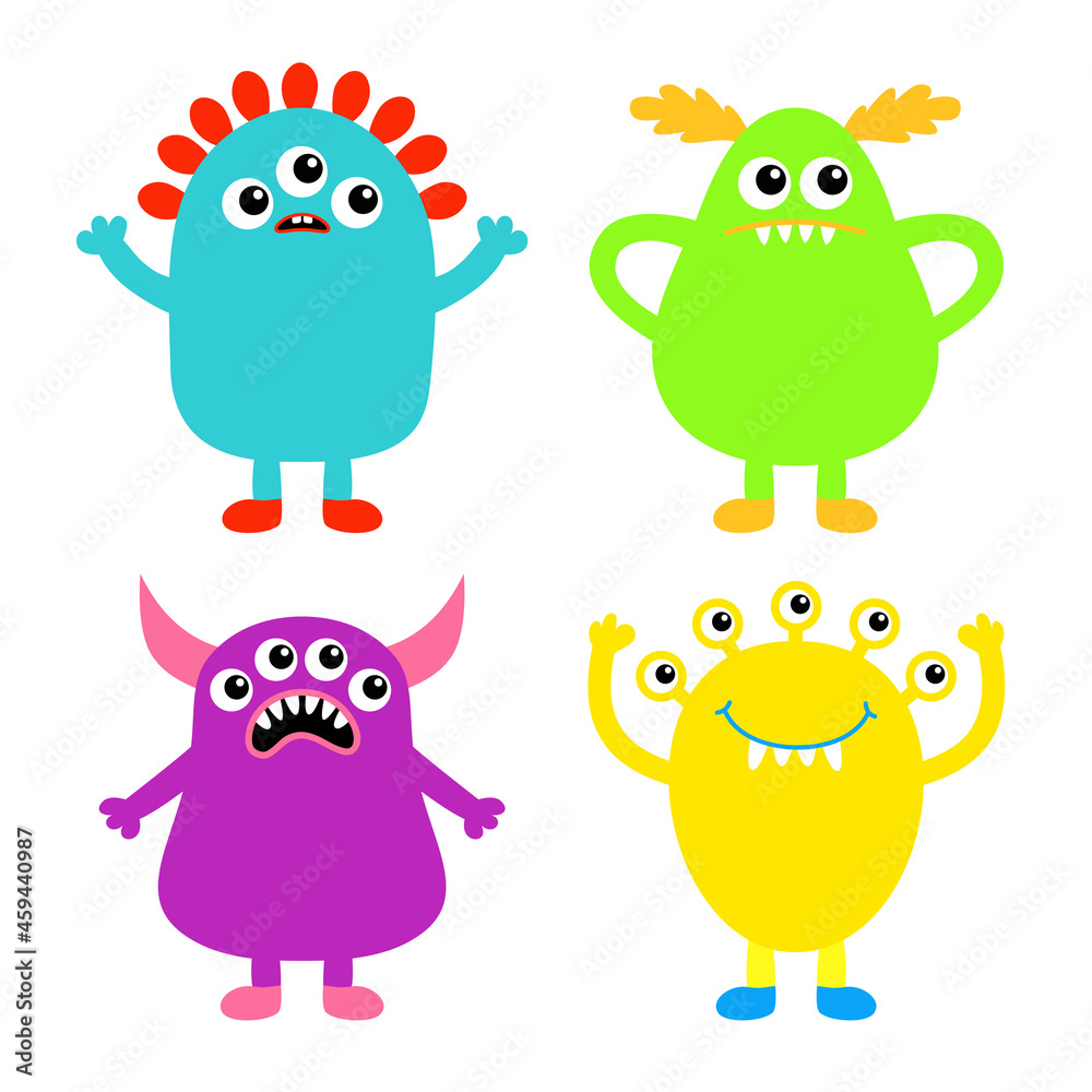 Happy Halloween. Monster icon set. Kawaii cute cartoon baby character. Funny face head body colorful silhouette. Hands up, horn, eyes fang teeth tongue. Flat design. White background.
