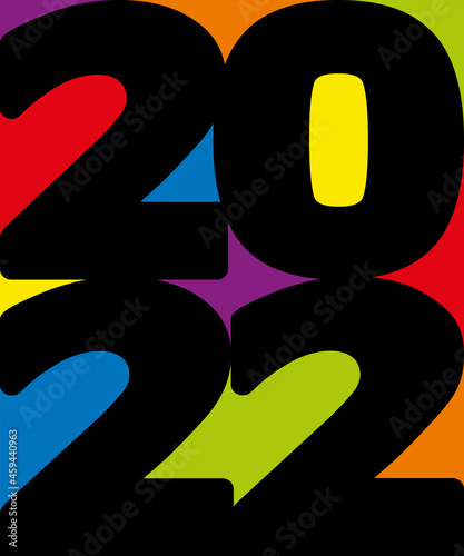 Carte de vœux originale et décorative, avec 2022 écrit en lettres noires sur un fond d’aplats multicolores, composé de rouge, de bleu, de jaune et de vert.