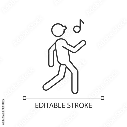 Whistle linear icon. Bad habit. Person walking and whistling. Habitual patterns of human behavior. Thin line customizable illustration. Contour symbol. Vector isolated outline drawing. Editable stroke