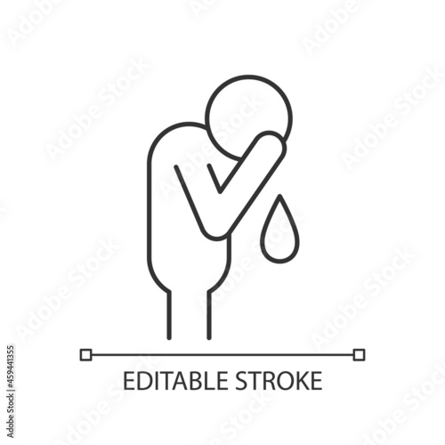 Cry linear icon. Experiencing negative emotions. Depression. Person covering face with hand. Thin line customizable illustration. Contour symbol. Vector isolated outline drawing. Editable stroke