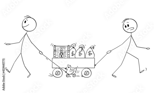 Person Cares about Money and Wealth, Wise Mad Man Enjoying the Life, Vector Cartoon Stick Figure Illustration