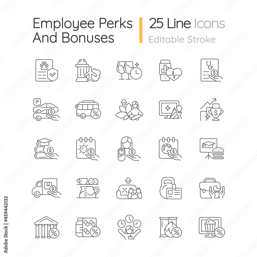 Employee perks and bonuses linear icons set. Workplace benefits. Enhancing worker experience. Customizable thin line contour symbols. Isolated vector outline illustrations. Editable stroke Employee perks and bonuses linear icons set. Workplace benefits. Enhancing worker experience. Customizable thin line contour symbols. Isolated vector outline illustrations. Editable stroke