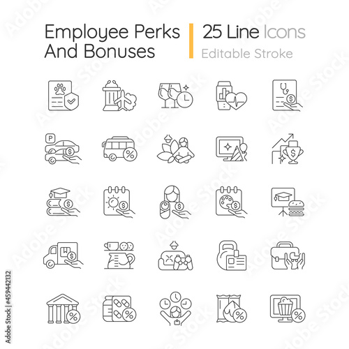 Employee perks and bonuses linear icons set. Workplace benefits. Enhancing worker experience. Customizable thin line contour symbols. Isolated vector outline illustrations. Editable stroke