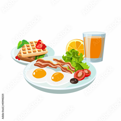 Sample breakfast plate with fried eggs and bacon, salad, tomato with belgian waffles and orange juice. Classic hotel set for menu poster. Brunch healthy start day options food. Vector illustration.