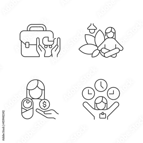 Employee incentives linear icons set. Child care assistance. Meditative space at work. Flexible hours. Customizable thin line contour symbols. Isolated vector outline illustrations. Editable stroke