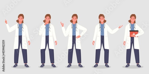 Male doctor set in different pose. Group of medical professional workers in sanitary uniform. Man physician character standing in line. Vector illustration
