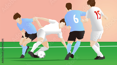 Soccer Illustration. A soccer player who controls the ball while losing balance in a fierce battle. Vector photo