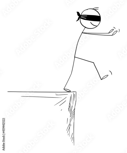 Blind Person or Businessman Falling From the Cliff Edge, Vector Cartoon Stick Figure Illustration