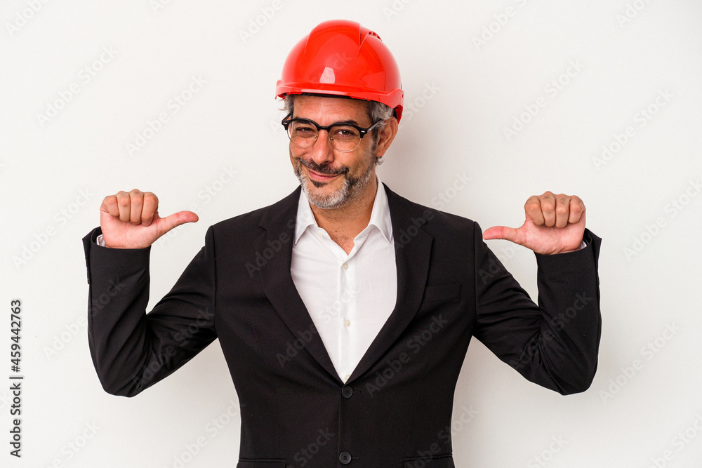 Middle age architect caucasian man isolated on white background feels proud and self confident, example to follow. Middle age architect caucasian man isolated on white background feels proud and self confident, example to follow.