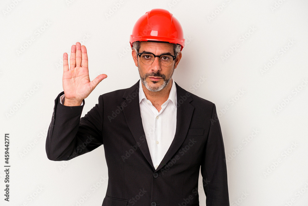 Middle age architect caucasian man isolated on white background  standing with outstretched hand showing stop sign, preventing you.