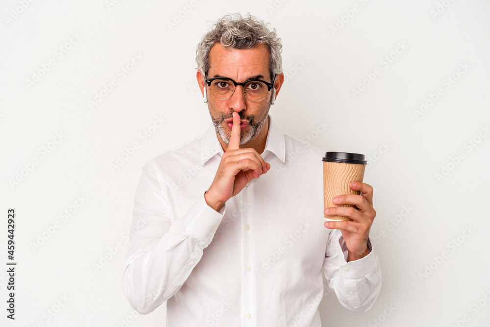 Middle age business man holding a take away coffee isolated on white background keeping a secret or asking for silence. Middle age business man holding a take away coffee isolated on white background keeping a secret or asking for silence.
