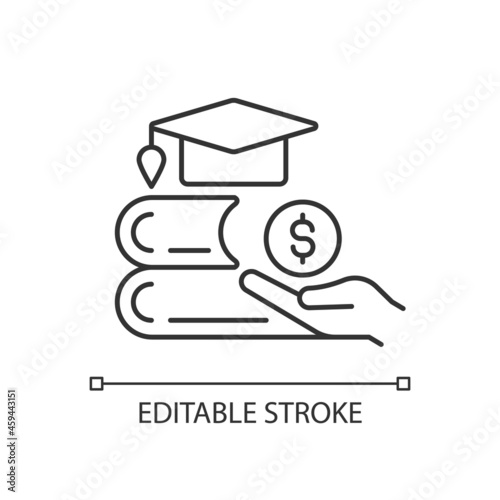 Tuition reimbursement linear icon. Compensation for education classes. Employee benefit. Thin line customizable illustration. Contour symbol. Vector isolated outline drawing. Editable stroke photo