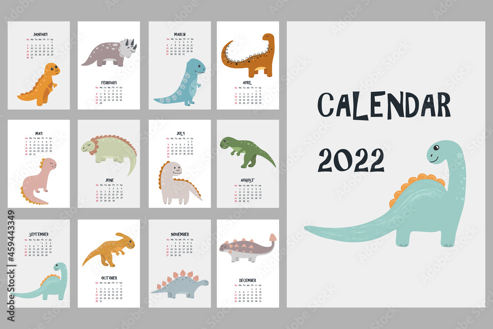 Cute calendar with boho dinosaurs. 2022 calendar with cute dinosaur. Hand drawn animals in boho style. Wall vertical calendar.