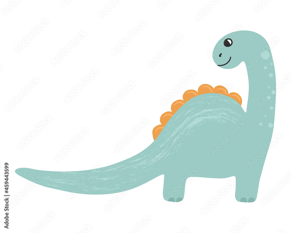 Fototapeta premium Illustration of cute cartoon dinosaur on white background. Can be used for children's room, sticker, t-shirt, mug and other design. Cute little diplodocus.