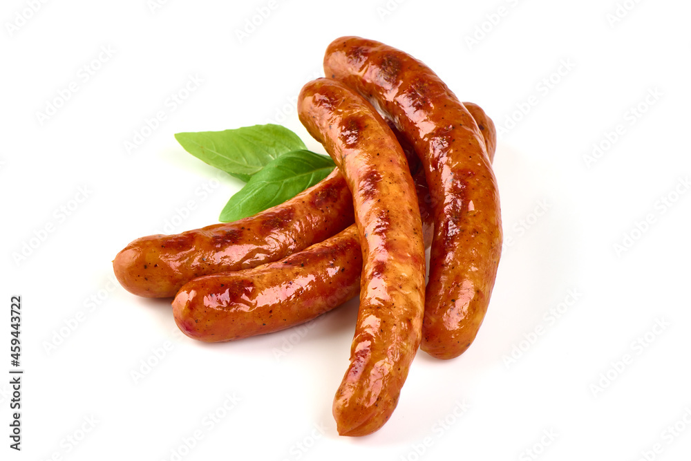 Grilled bbq sausages on the barbecue, isolated on white background. Grilled bbq sausages on the barbecue, isolated on white background.