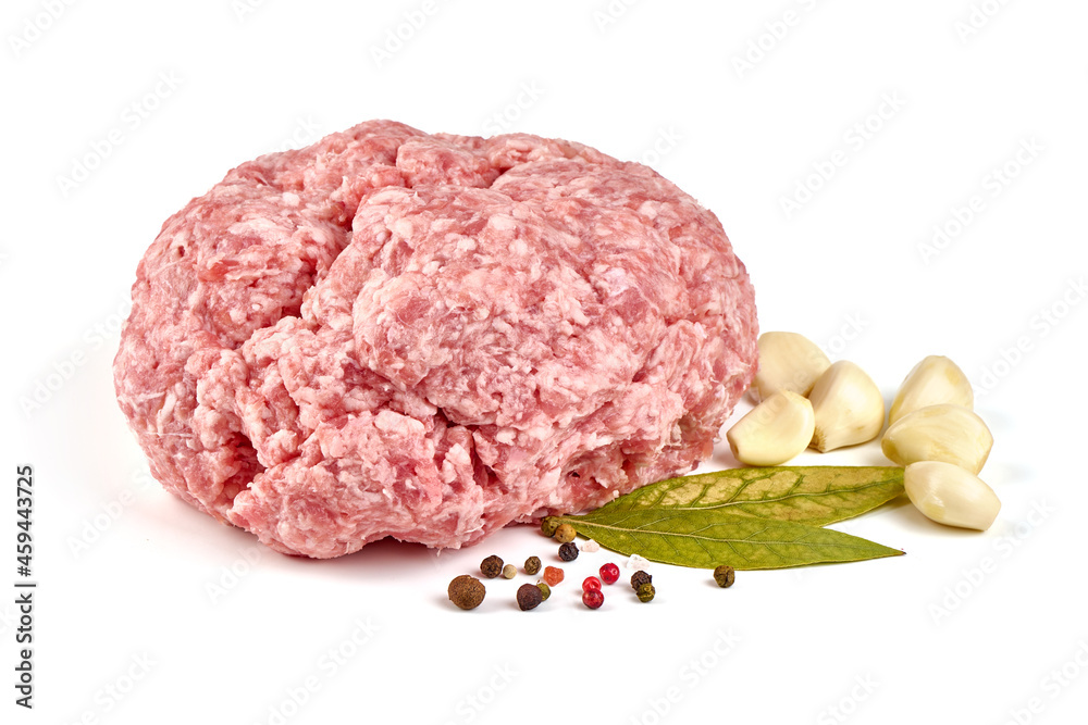 Minced meat, ingredients for cooking, isolated on white background.