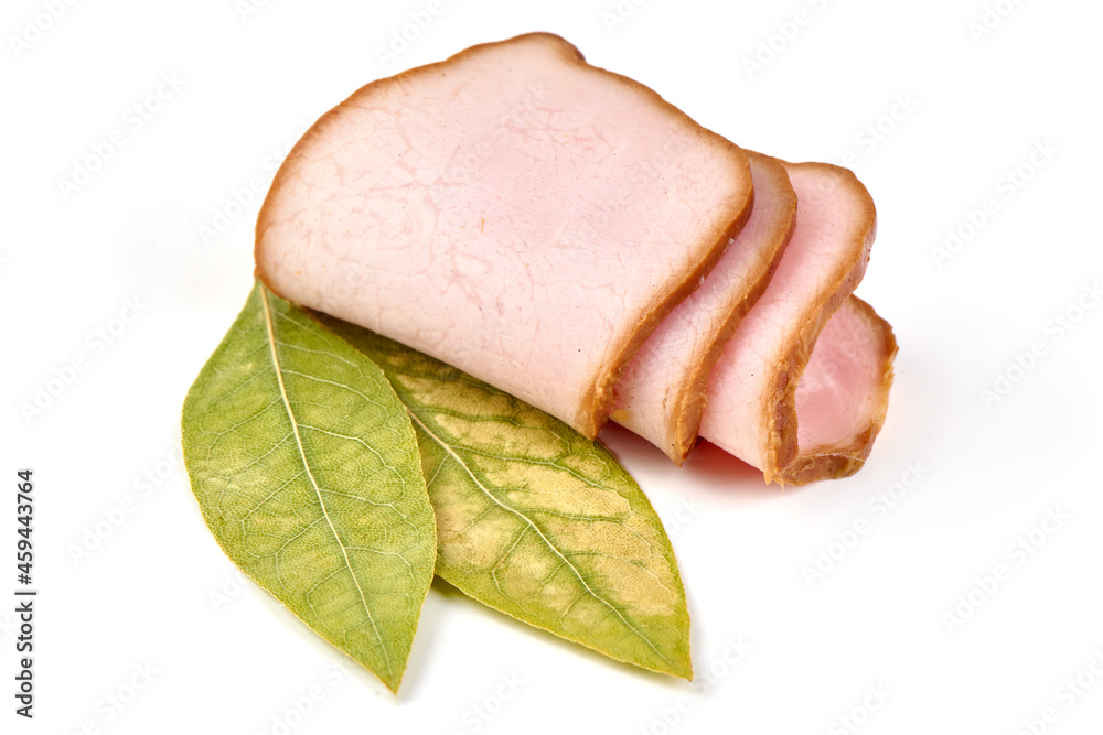 Smoked pork tenderloin, sliced ham, meat fillet, isolated on white background. Smoked pork tenderloin, sliced ham, meat fillet, isolated on white background.