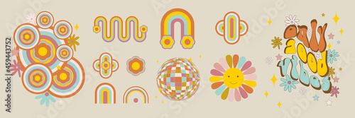 Retro 60s - 70s style with a rainbow hippie sun in a simple linear style. Naive boho style by hand, festival of colors and music, signs of peace and free love