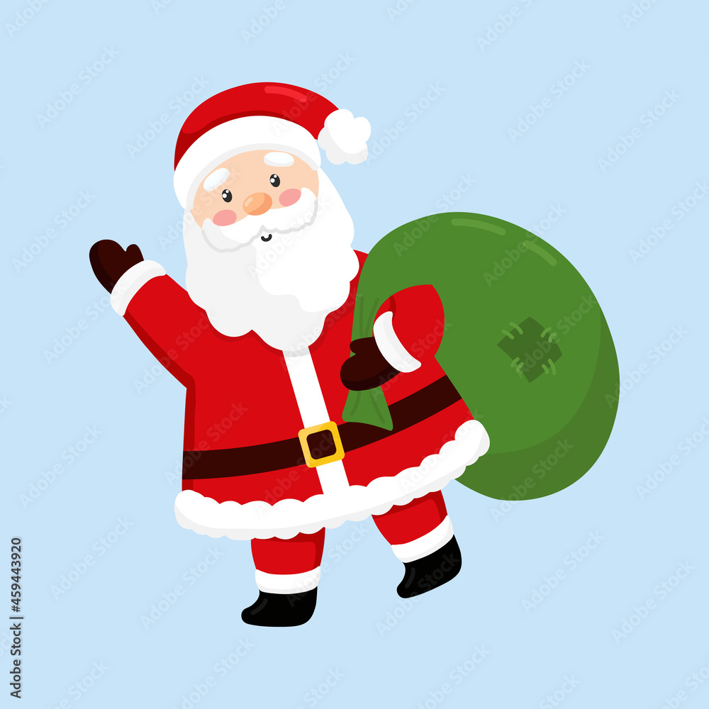 Vector illustration of cute Santa Claus isolated on blue background. Santa Claus carries a bag of gifts. Merry Christmas and happy new year. Flat style. Vector illustration of cute Santa Claus isolated on blue background. Santa Claus carries a bag of gifts. Merry Christmas and happy new year. Flat style.