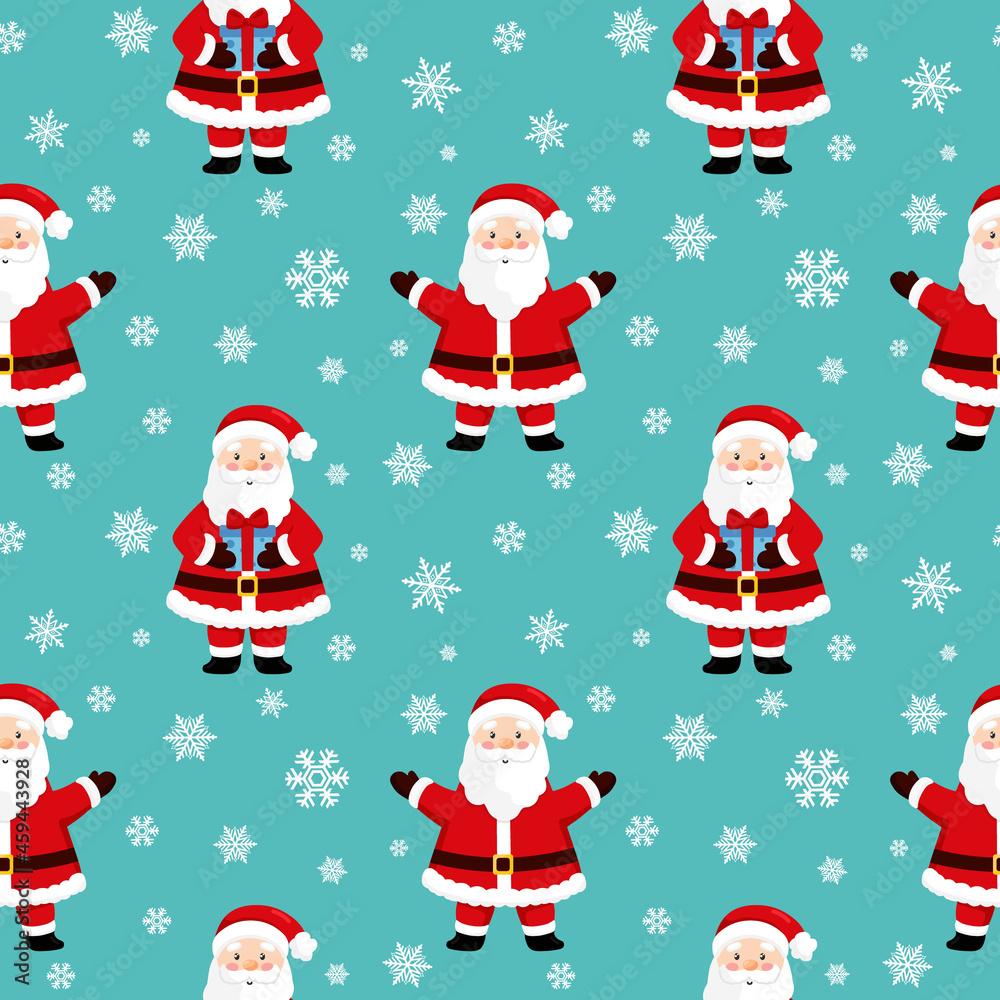 Christmas seamless pattern with Santa Claus, snowflakes. Beautiful background for gift wrapping papers, greeting cards, decoration.