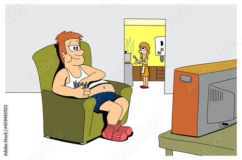 Cute lazy man husband character watching tv sitting on the sofa in the living room and eating while his wife is cooking in the kitchen. Funny ironic cartoon style vector illustration.
