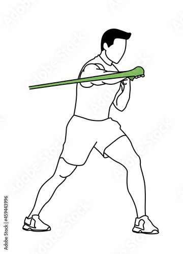 Man standing training one hand press with an elastic. band Fitness exercise, posture, gym, muscles. Black line sketch style vector illustration.