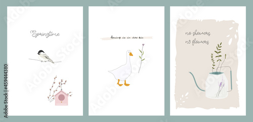 cute spring postcards with hand drawn florals  birds 