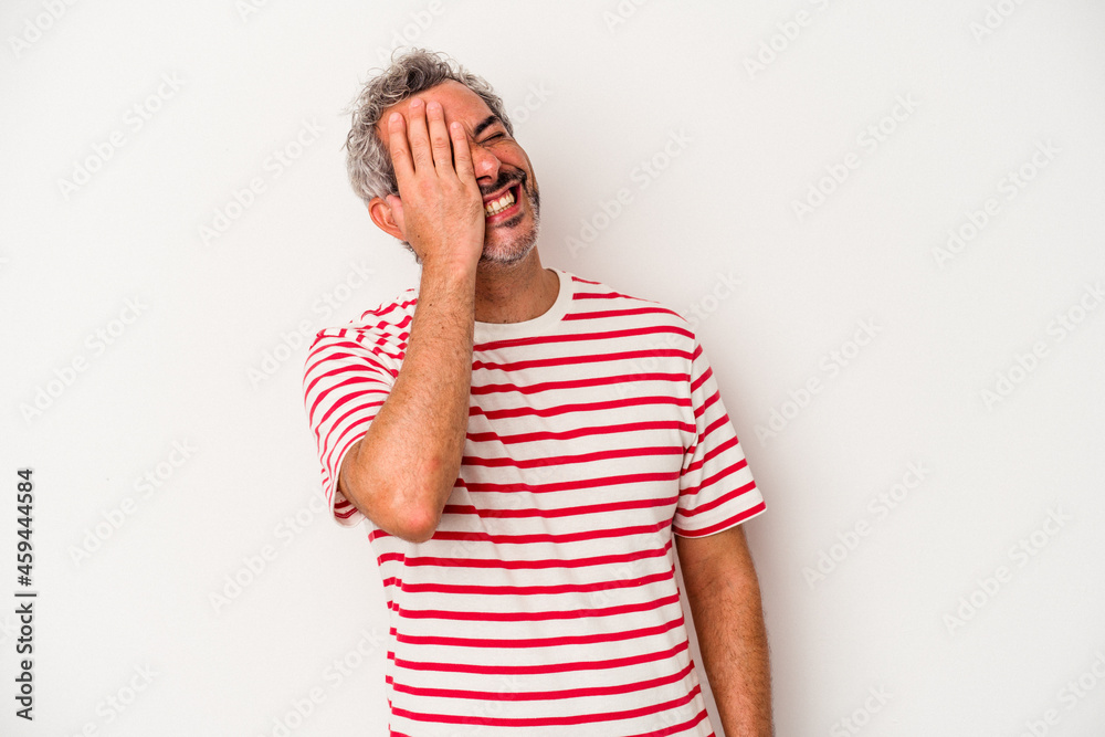 Middle age caucasian man isolated on white background laughing happy, carefree, natural emotion. Middle age caucasian man isolated on white background laughing happy, carefree, natural emotion.