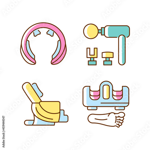 Vibrating massagers RGB color icons set. Massage chair. Devices for neck and feet stimulation. Body treatment and recreation. Isolated vector illustrations. Simple filled line drawings collection