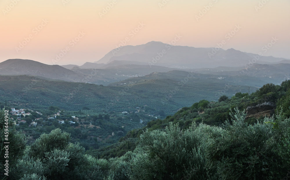Beautiful landscape of Crete at sunset, view to mountains. West part of island.
