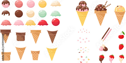 Tasty ice cream elements. Constructor of desserts, candies and cream balls. Wafer cones and chocolate. Sweets, strawberries, and sprinkles, different flavors.