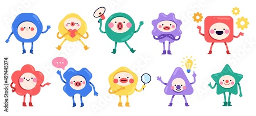 Geometric cute characters. Simple color geometric shapes with hands, feet and funny faces, trendy kids design, cute emotions, square triangle and circle forms, vector cartoon flat set
