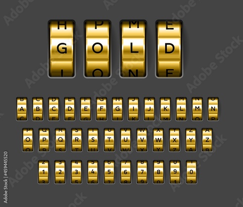 Gold locks combination. Realistic rotating secret unlock code font. Banking security metallic alphabet. Spinning wheels with letters and numbers. Vector safe protection elements set