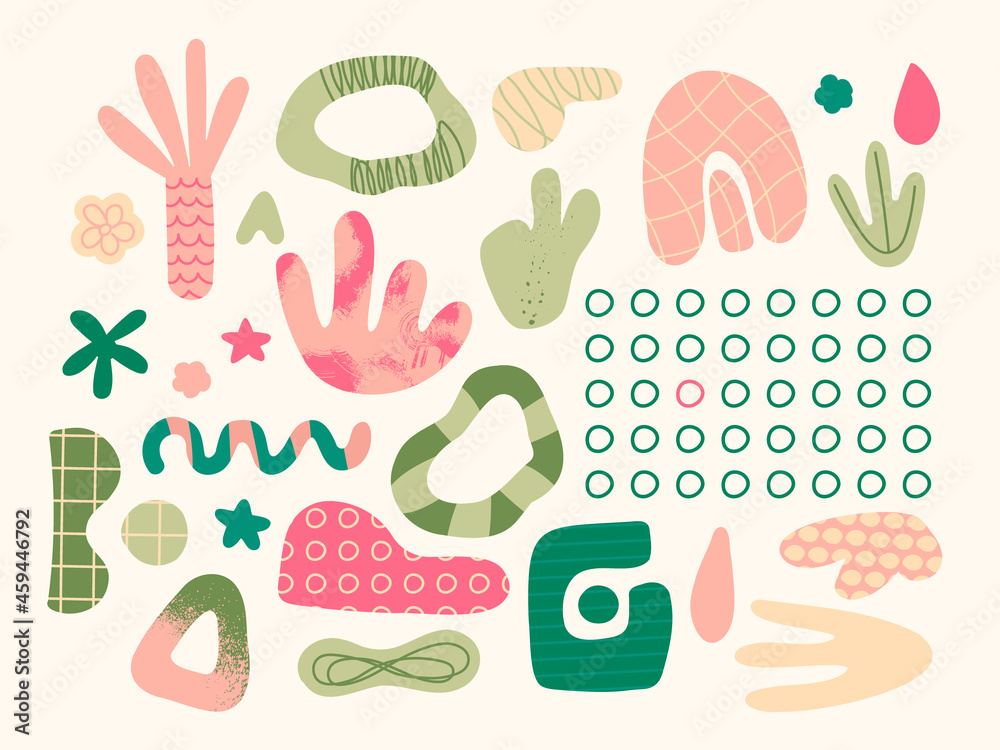 Set of abstract elements of various shapes and doodles. Vector trendy hand drawing objects for design. Pink, green, pastel colors. Set of abstract elements of various shapes and doodles. Vector trendy hand drawing objects for design. Pink, green, pastel colors.
