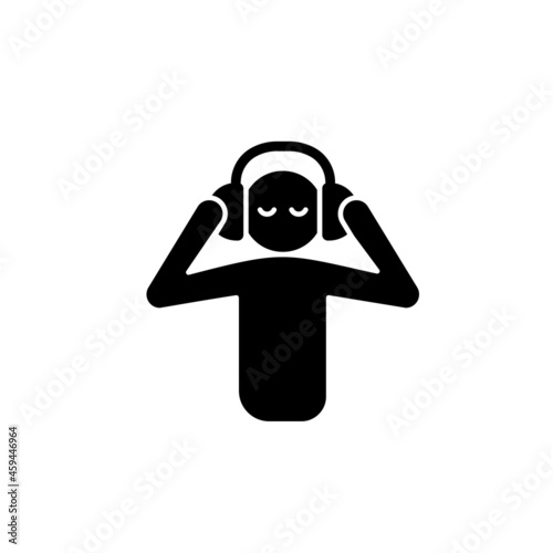 Listen to music black glyph icon. Person listening music with headphones. Human taking break from work. Getting pleasure from music. Silhouette symbol on white space. Vector isolated illustration