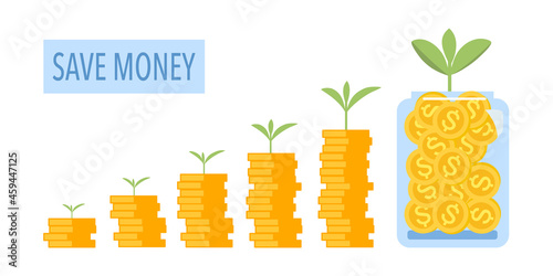 Plant growing on coin stack and glass jar in flat design on white background. Saving money concept vector illustration.